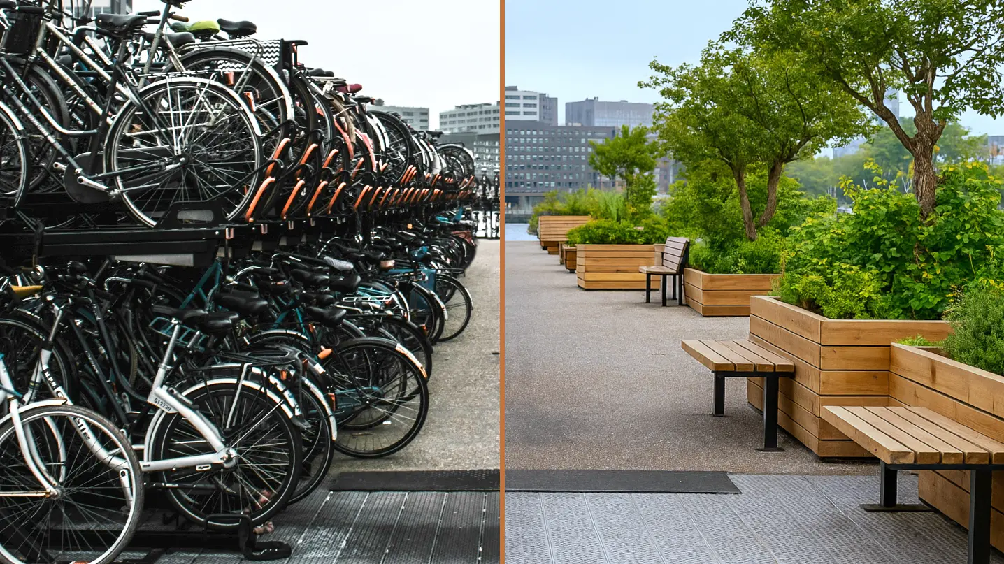 A bicycle rack on the left, occupying much public space, and the same public space on the left given back to the general population.